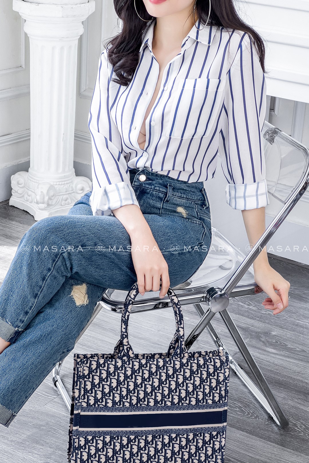SƠ MI ĐŨI KẺ XANH ĐẬM FORM VỪA