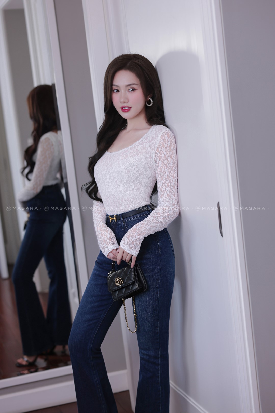 ÁO REN THUN PHỐI LƯỚI TRẮNG