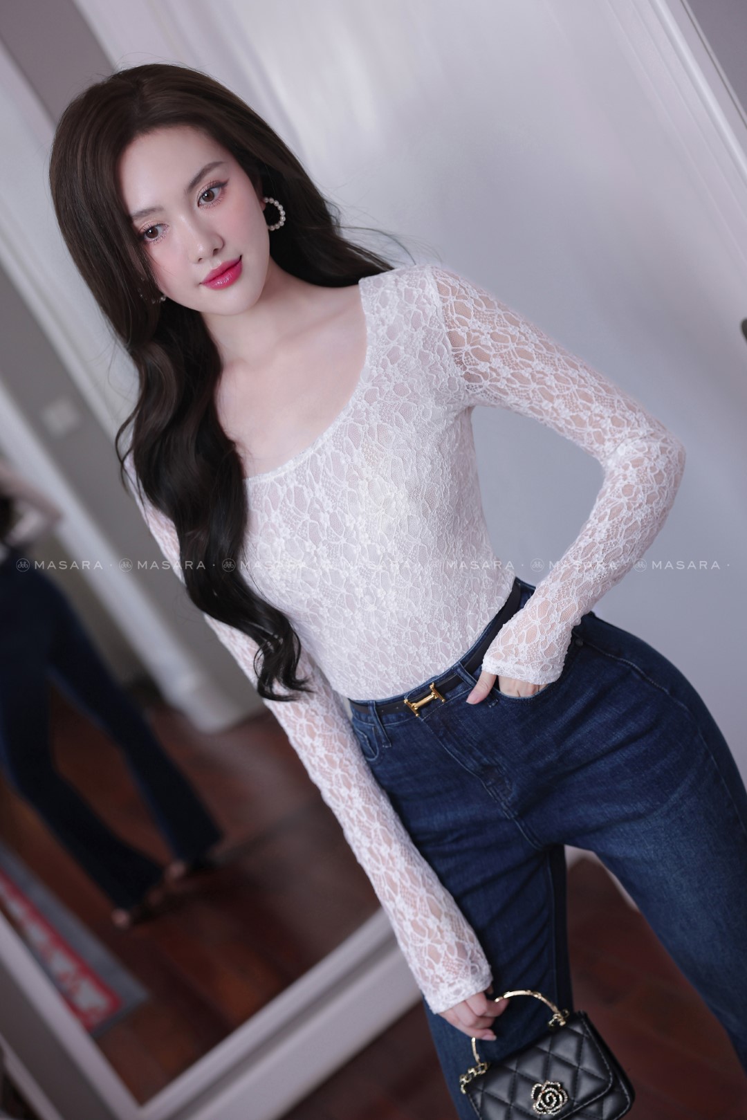 ÁO REN THUN PHỐI LƯỚI TRẮNG