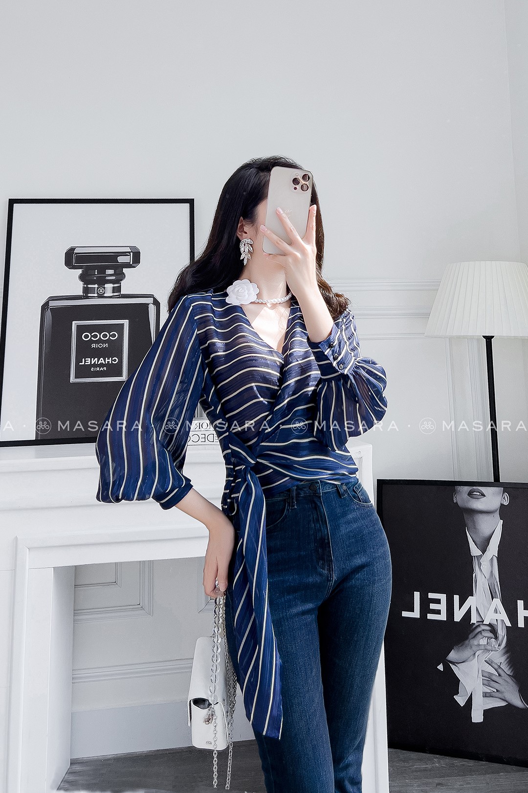 ÁO VOAN LỤA SỌC XANH VẠT XÉO SƯỜN