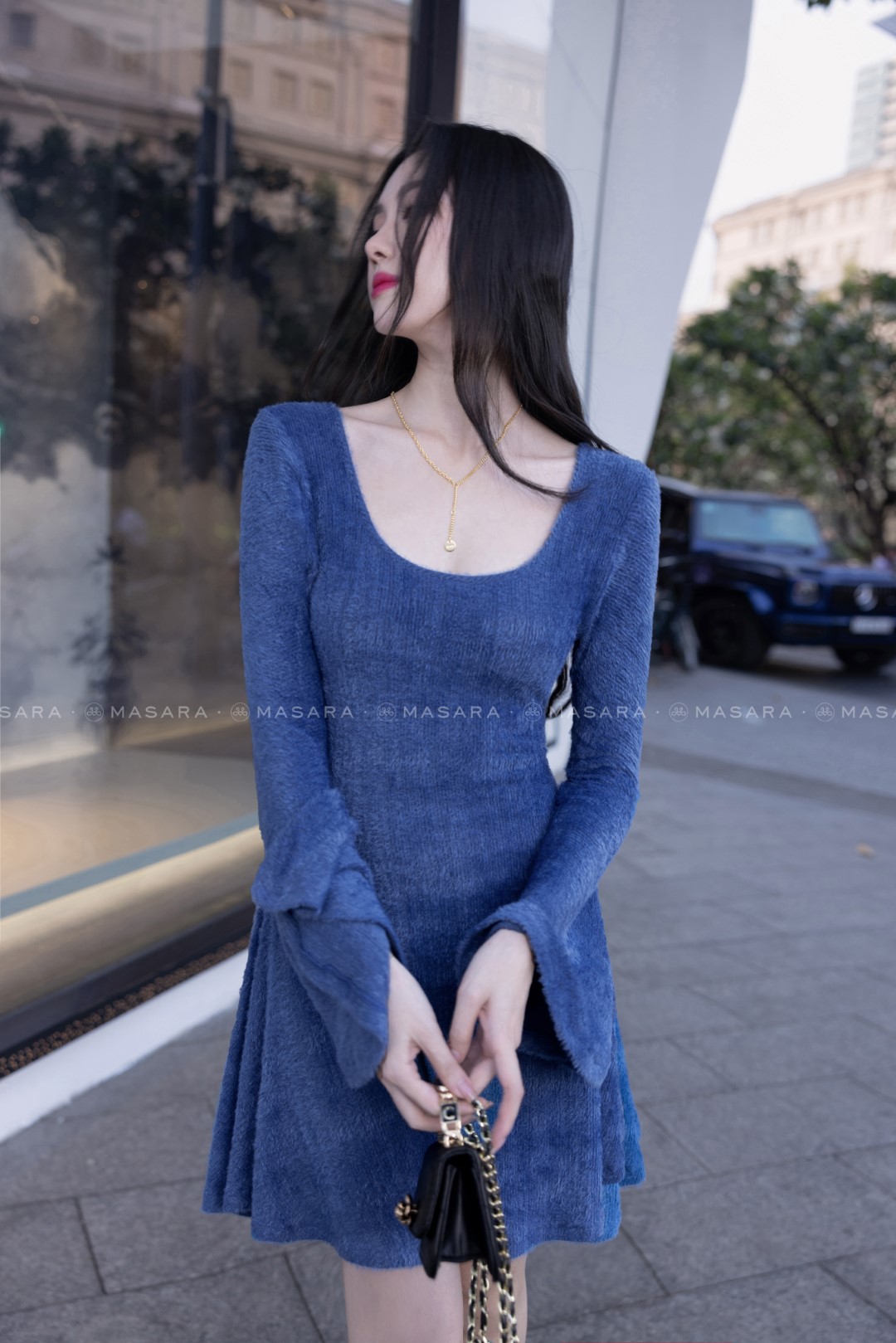 ĐẦM THUN LÔNG TAY LOE XANH DƯƠNG
