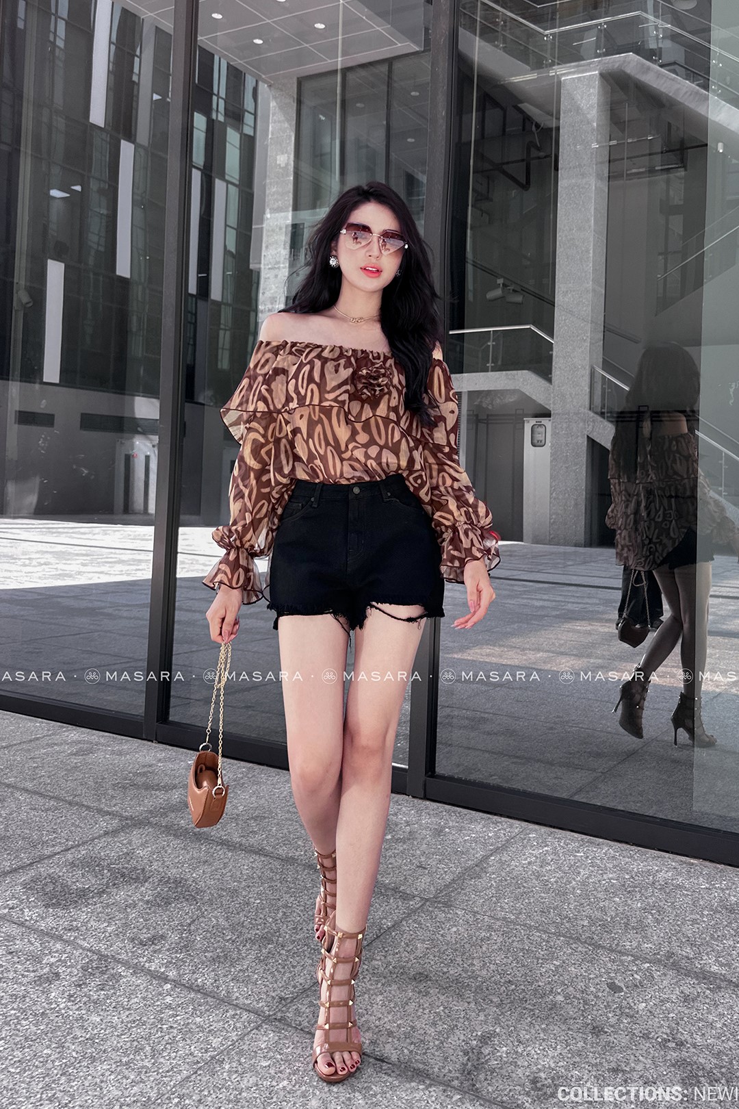 ÁO TƠ BEO NÂU TRỄ VAI GẮN HOA