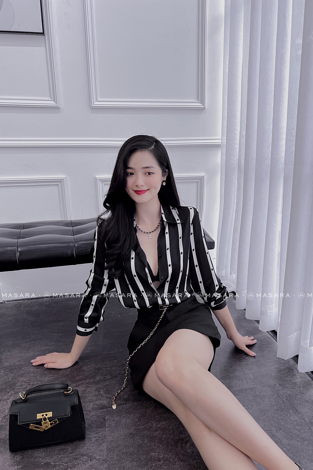 SƠ MI LỤA KẺ NGÔI SAO ĐEN