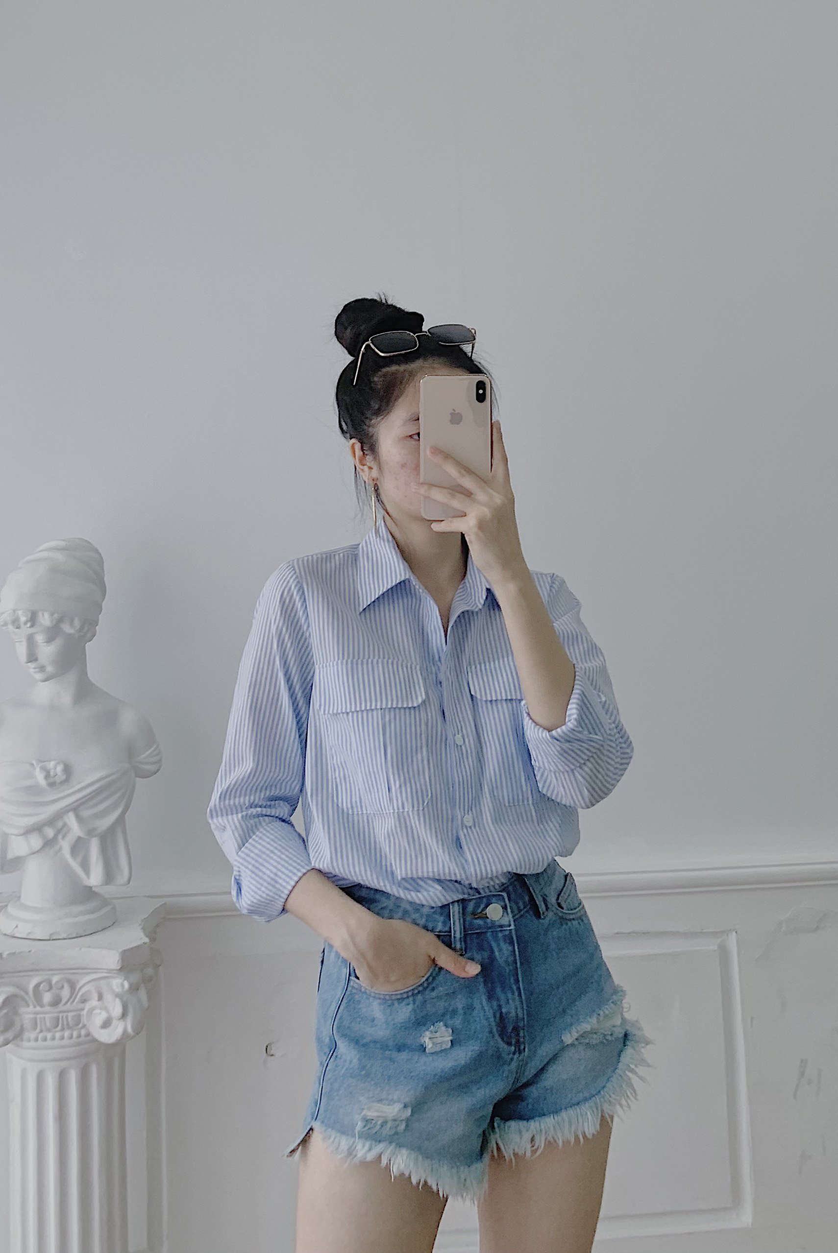 SƠ MI XANH KẺ SUÔNG NHÍ 2 TÚI