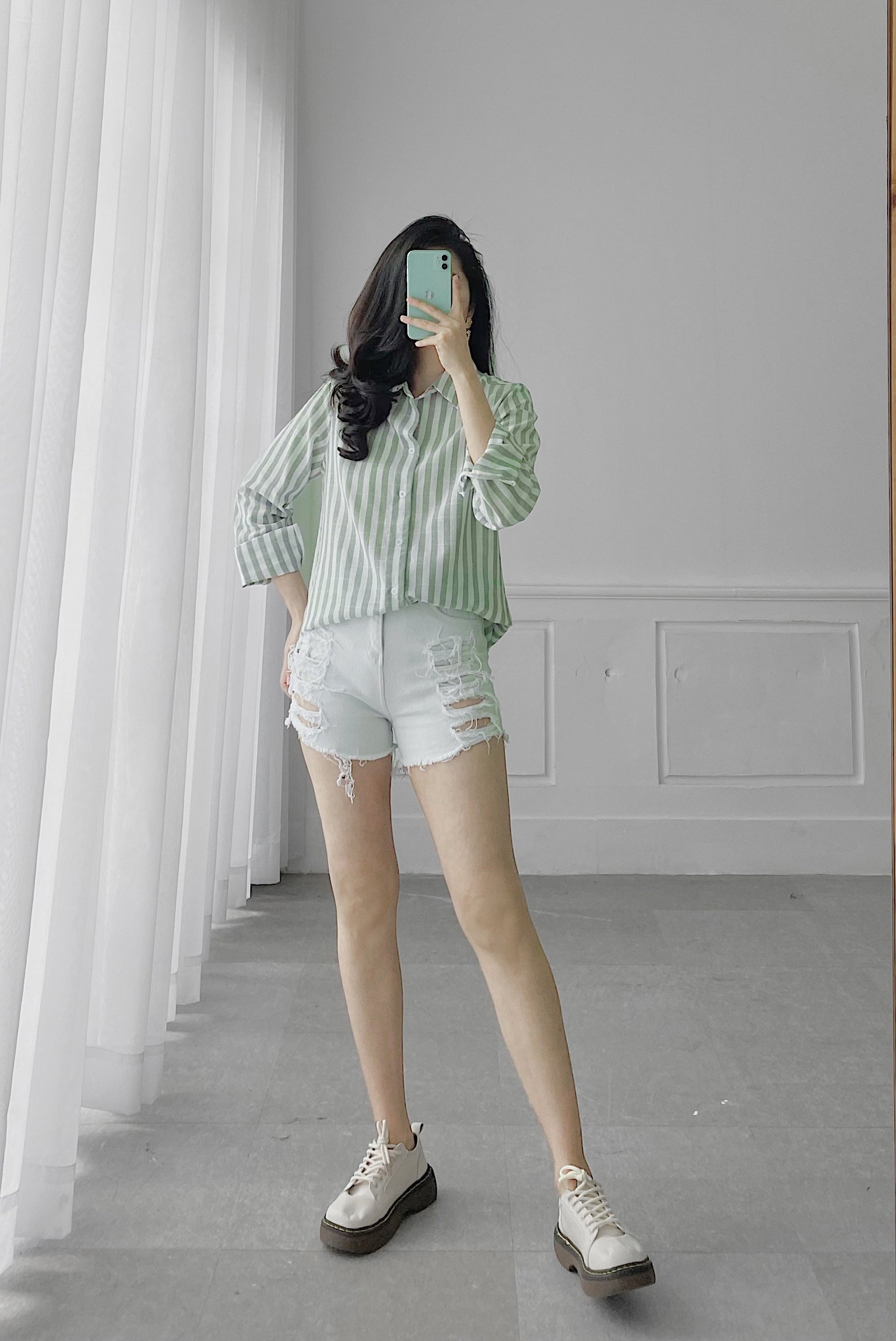 SƠ MI KẺ SUÔNG TO (XANH RÊU)