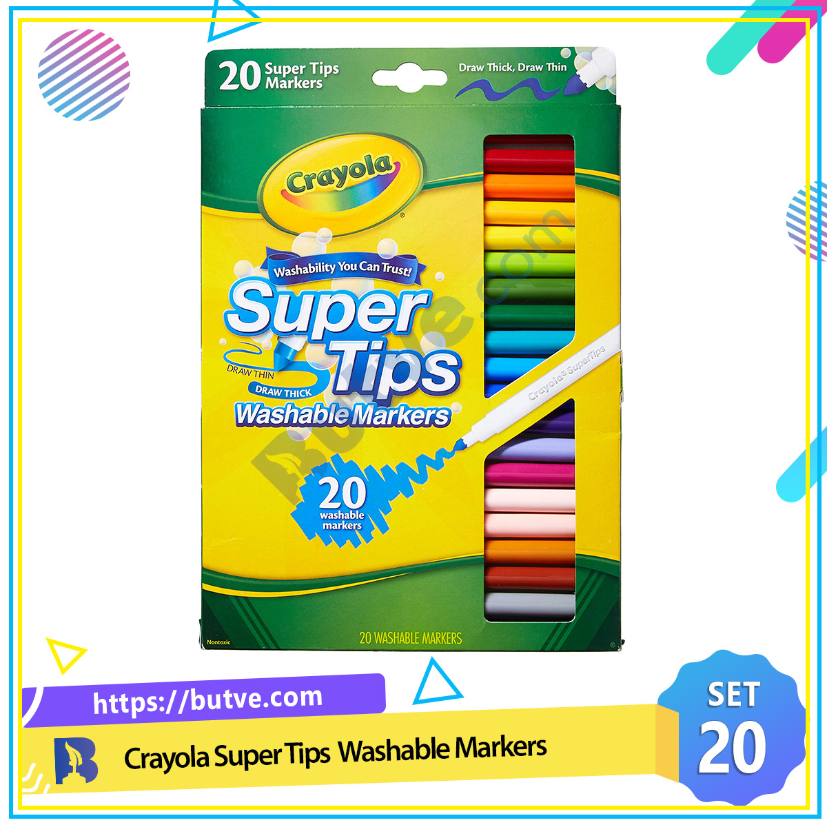 Bộ 20 cây bút lông màu 2 đầu, tẩy rửa được Crayola Super Tips Washable Markers