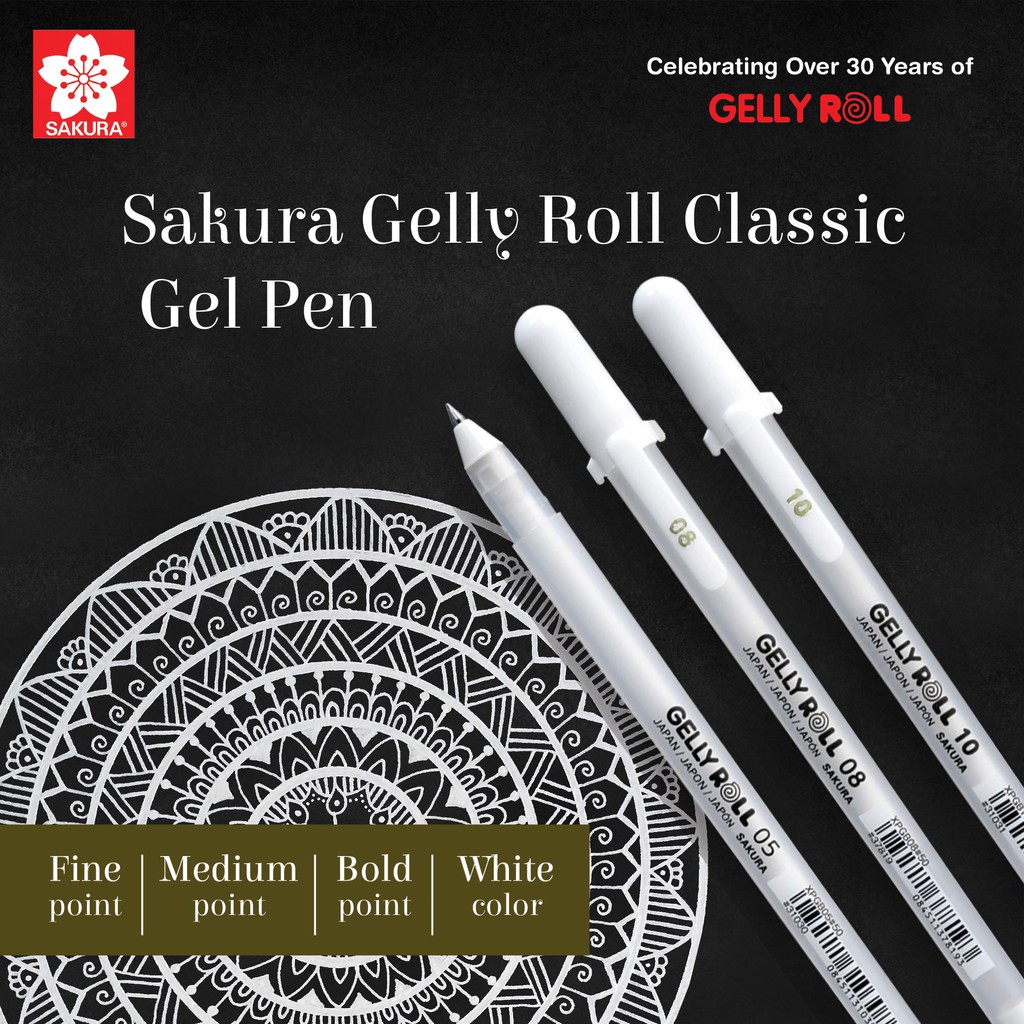 Bút bi đi nét mực Gel màu trắng Sakura Gelly Roll White 3 kích thước ngòi