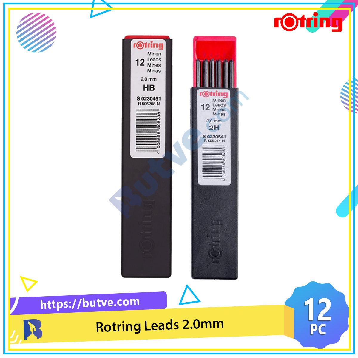 Hộp 12 ruột chì cho bút chì cơ Rotring Fine Hi-Polymer Lead 2.0mm (Hộp lẻ)