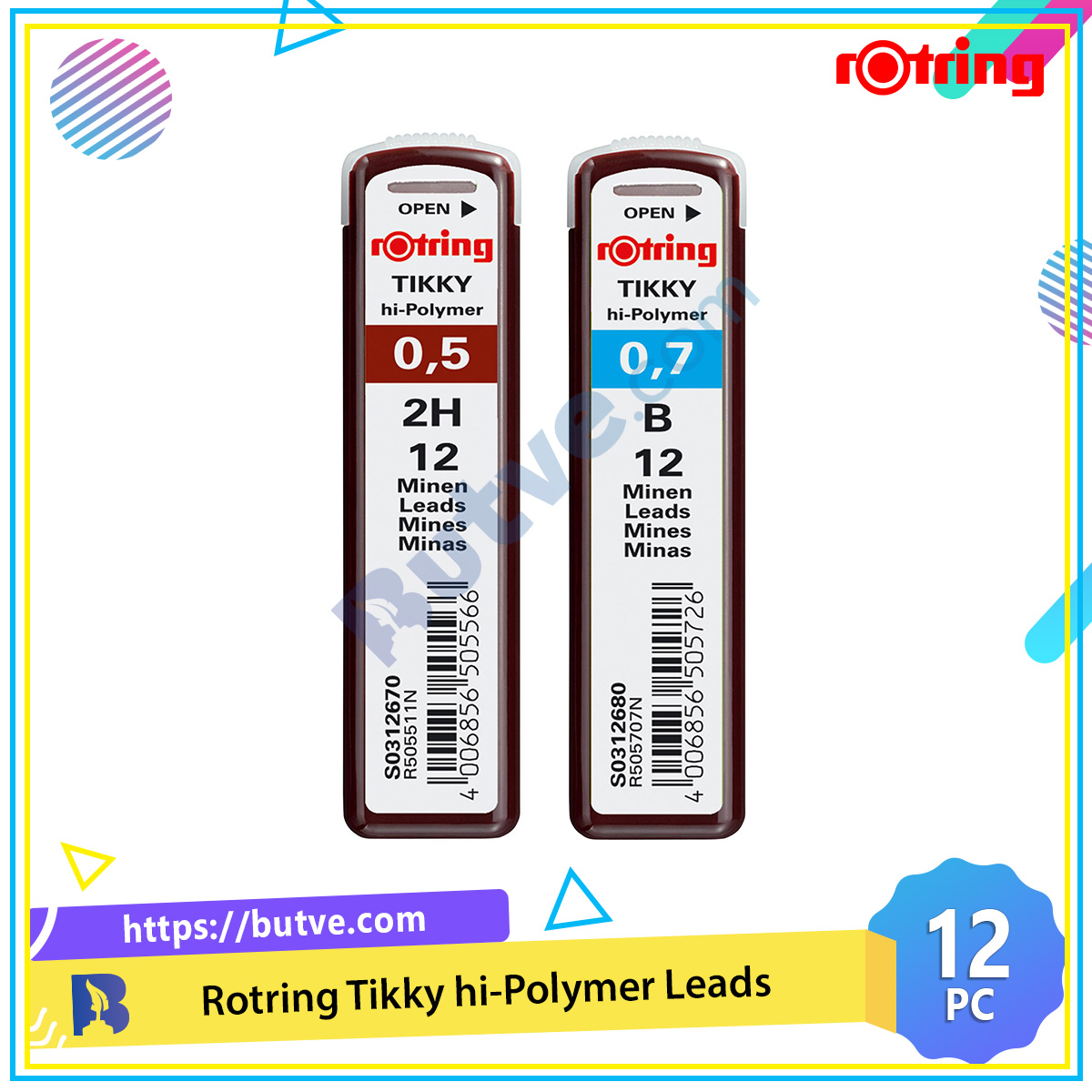 Hộp 12 ruột chì kim cho bút chì cơ Rotring Fine Hi-Polymer Lead (Hộp lẻ)