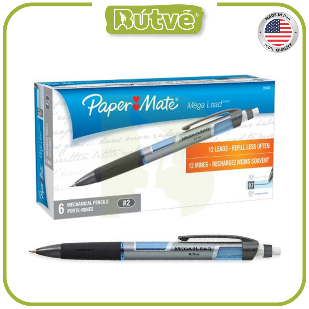 Hộp 6 bút chì bấm Paper Mate Mega Lead có sẵn 12 ruột chì HB #2 – Ngòi 0.7mm