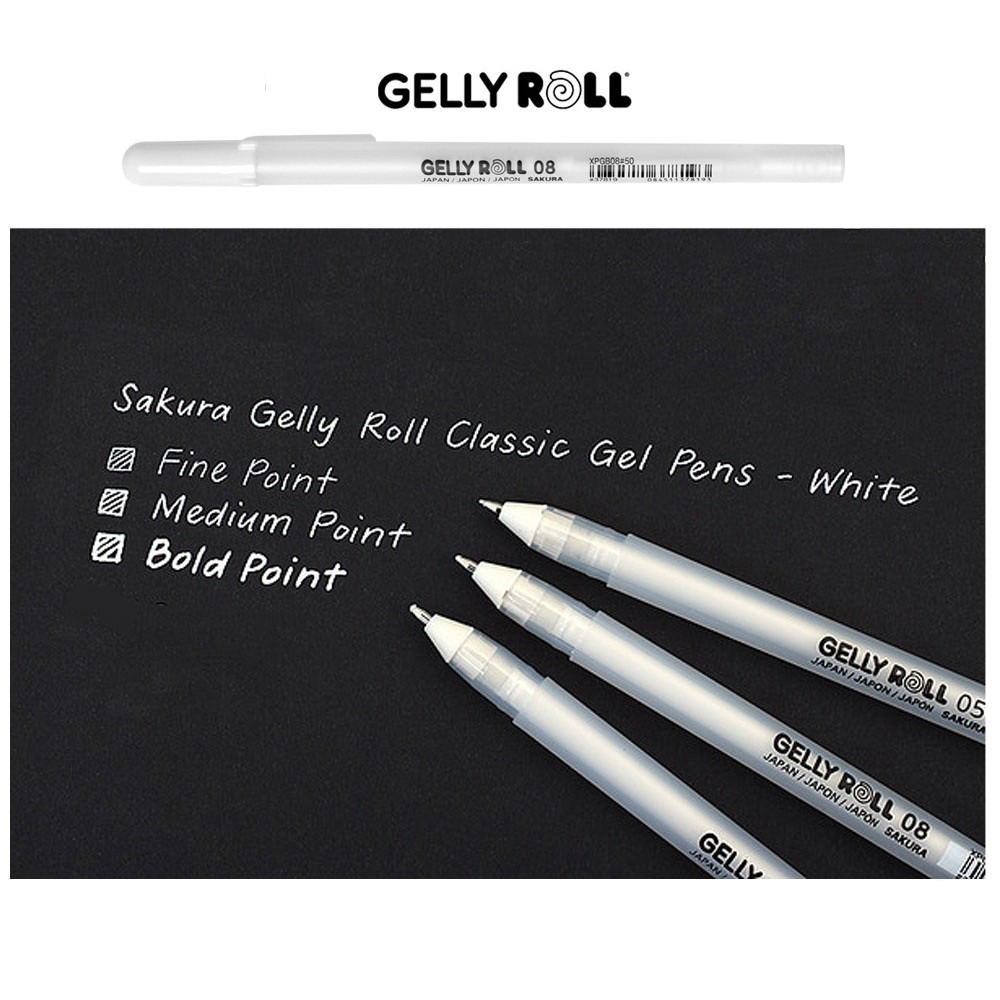 Bút bi đi nét mực Gel màu trắng Sakura Gelly Roll White 3 kích thước ngòi