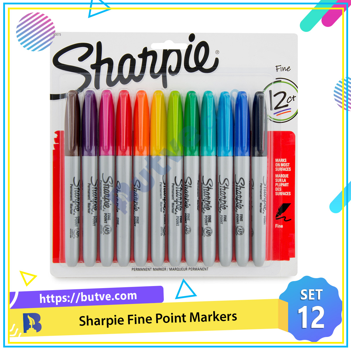 Vỉ 12 màu bút lông dầu vẽ trên mọi chất liệu Sharpie Fine Point