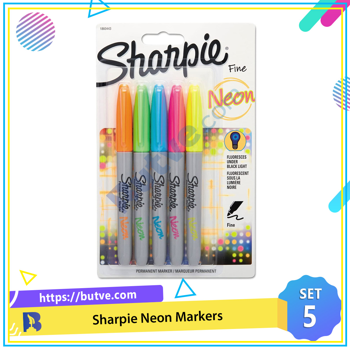 Vỉ 5 màu bút lông dầu phát sáng trong bóng tối Sharpie Neon