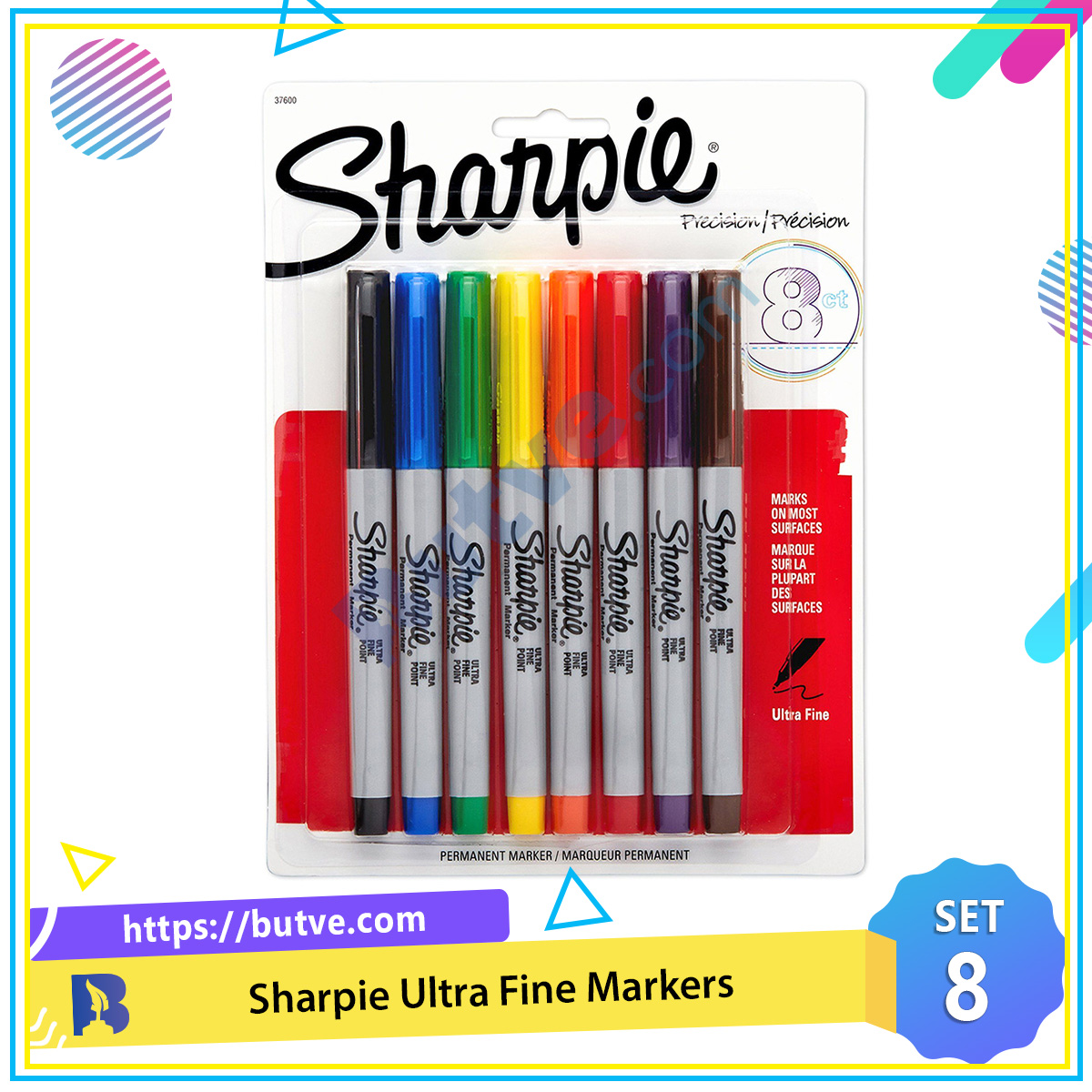Vỉ 8 màu bút lông dầu ngòi kim vẽ trên mọi chất liệu Sharpie Ultra Fine