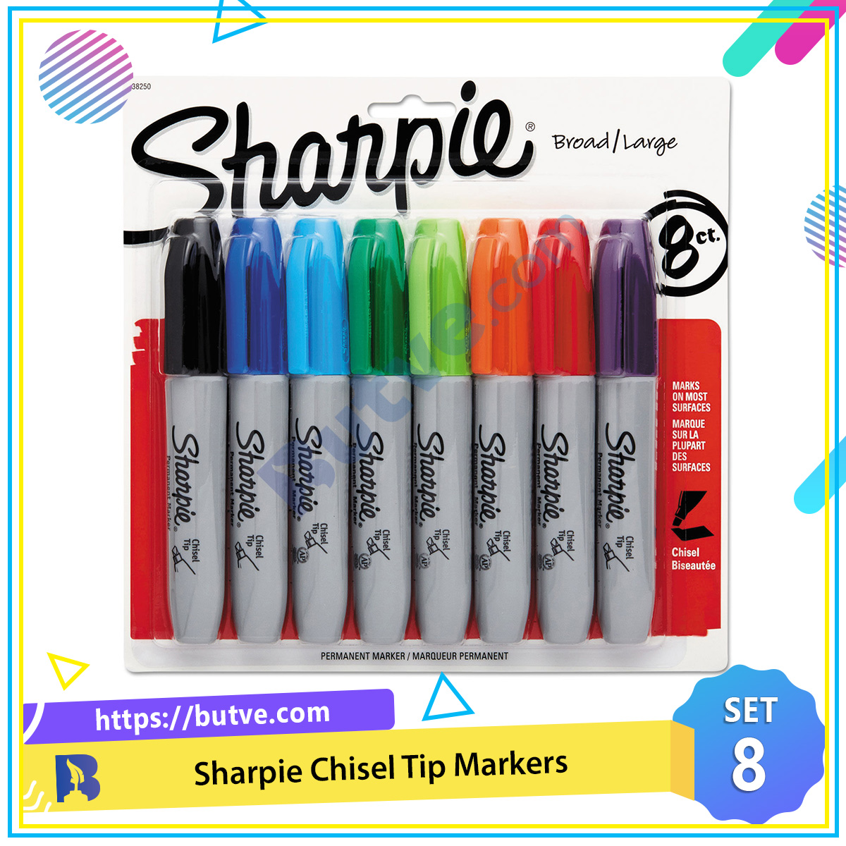 Vỉ 8 màu bút lông dầu ngòi vát vẽ trên mọi chất liệu Sharpie Chisel Tip