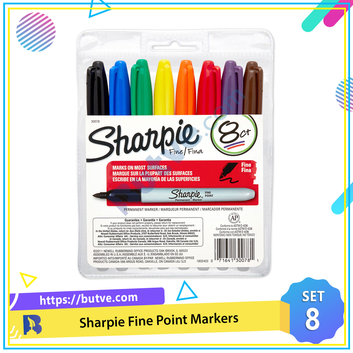 Vỉ 8 màu bút lông dầu vẽ trên mọi chất liệu Sharpie Fine Point