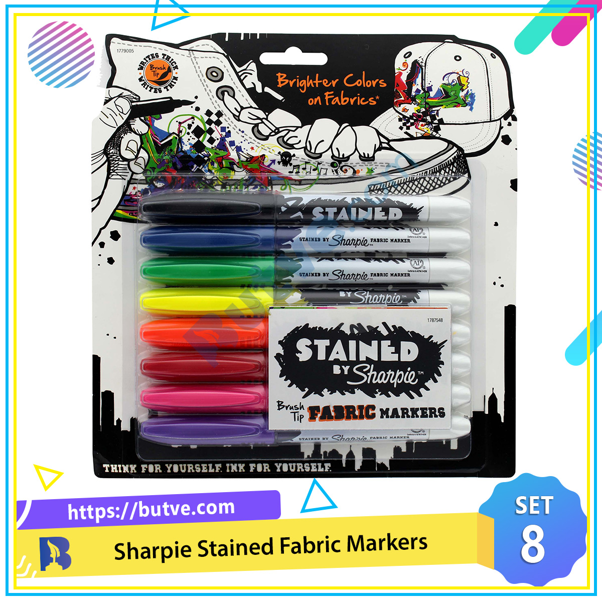 Vỉ 8 màu bút lông ngòi cọ vẽ vải chuyên dụng Sharpie Stained Fabric Markers
