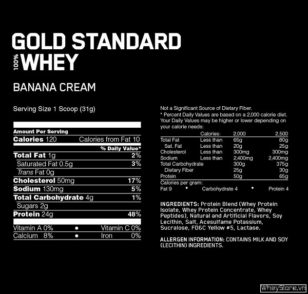 Hàm lượng dinh dưỡng Whey Gold