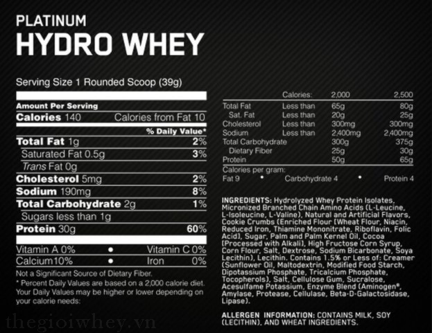 Nutrition Facts Platinum HydroWhey 3,5lbs