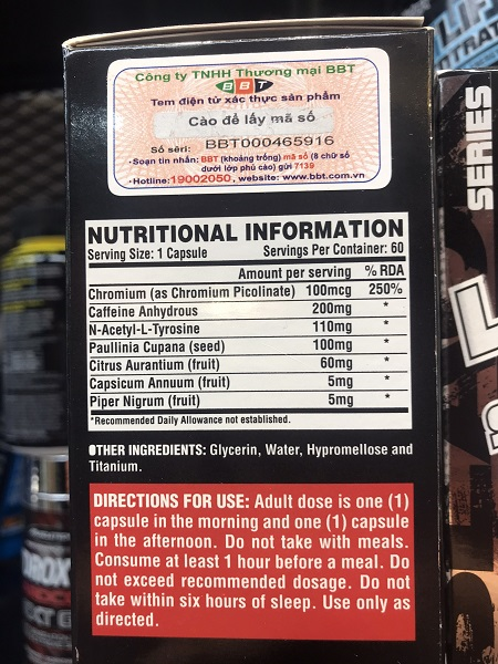 Nutrition Facts Lipo 6 Black Ultra Concentrate
