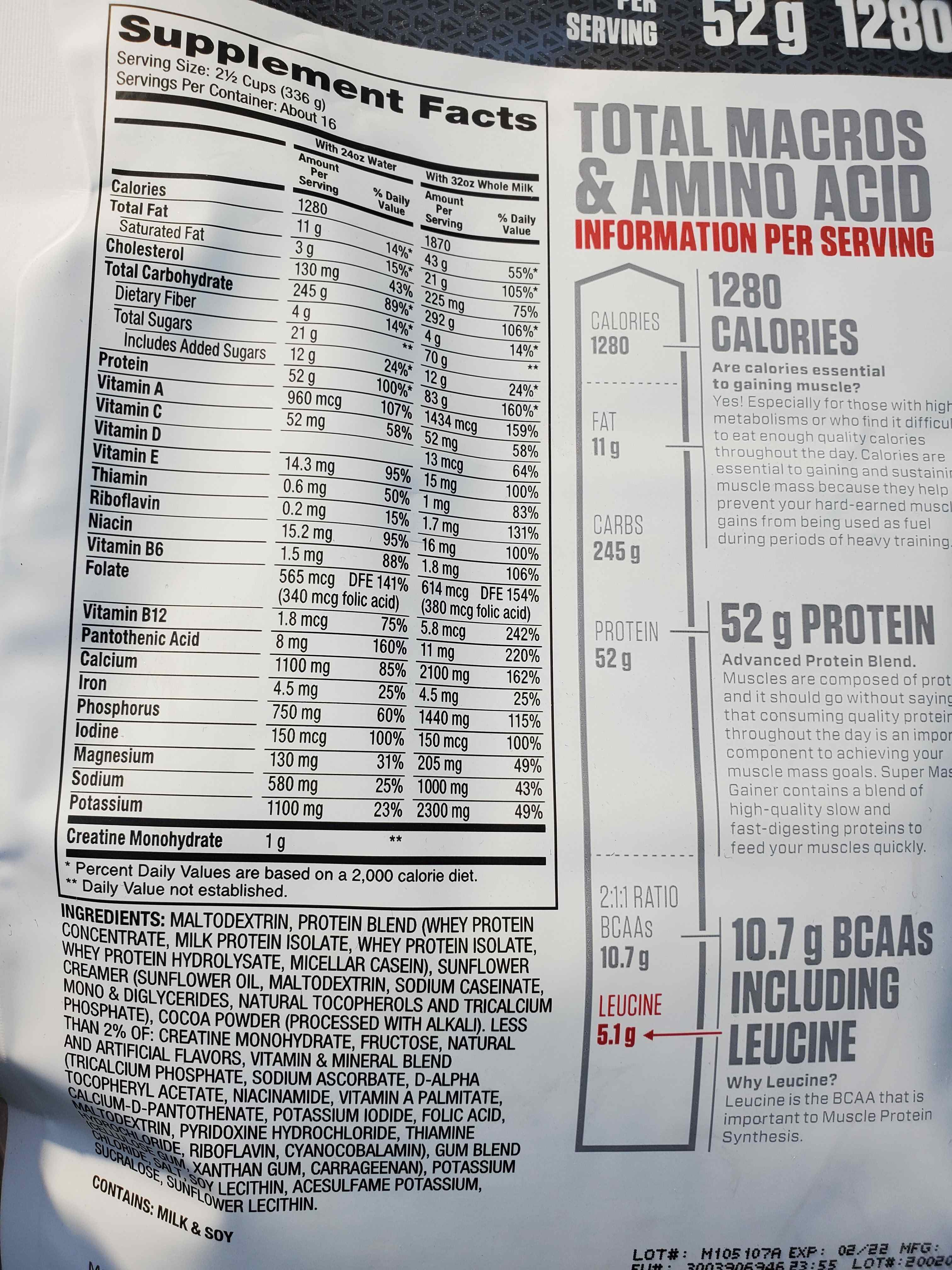Nutrition Facts Super Mass Gainer 12lbs