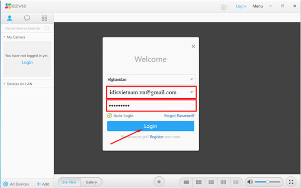 Đăng nhập trong phần mềm camera Ezviz