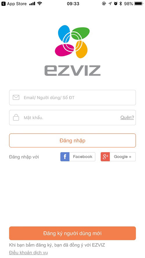 Tải ứng dụng Ezviz trên điện thoại và mở ra để đăng nhập/ đăng ký