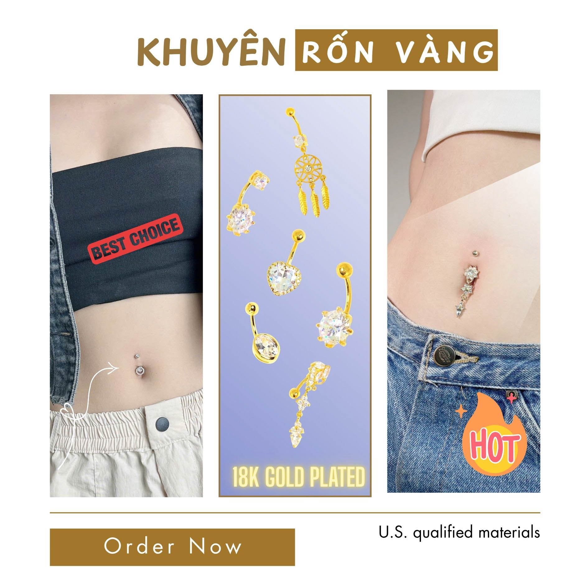 Khuyên Rốn Bạc Mạ Vàng 18k