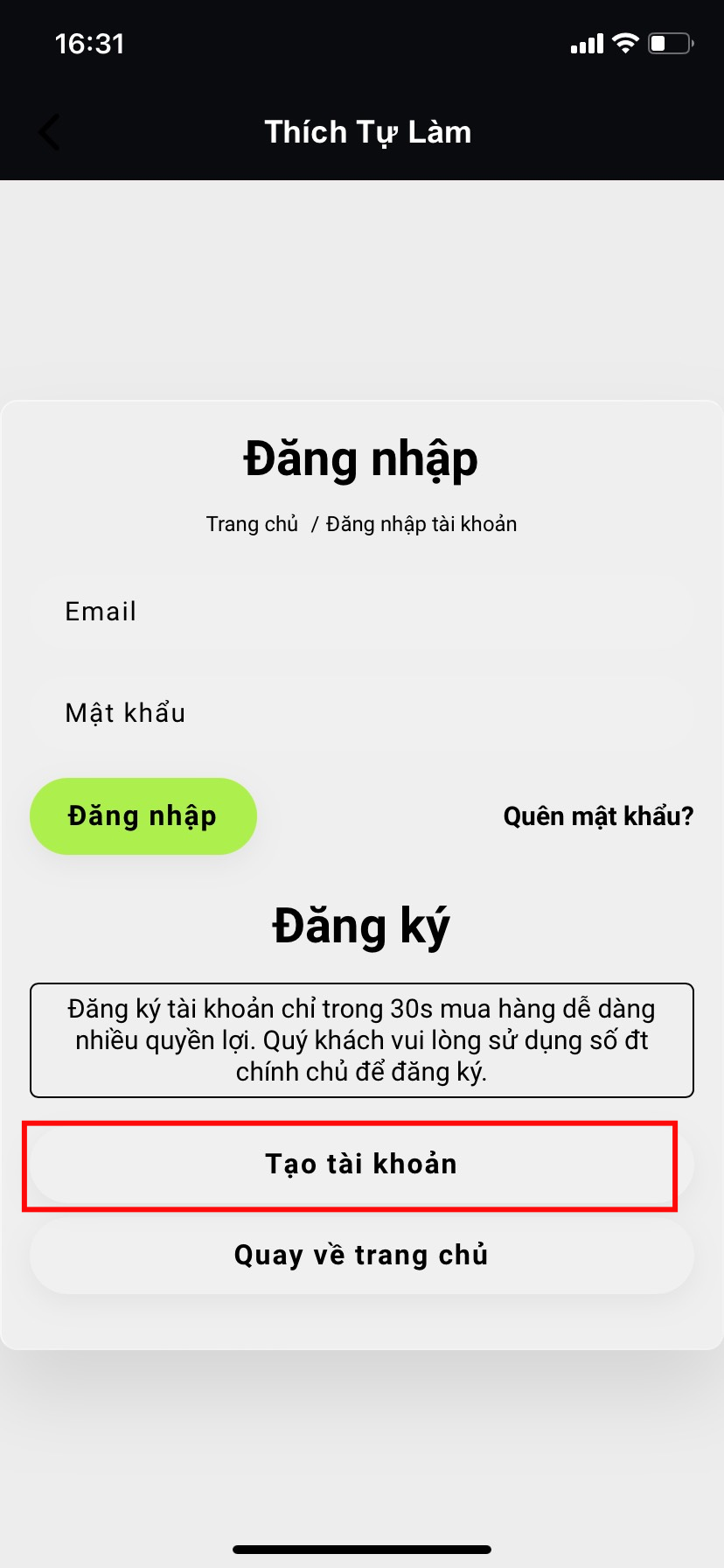 B2 Bấm vào tạo tài khoản trên điện thoại