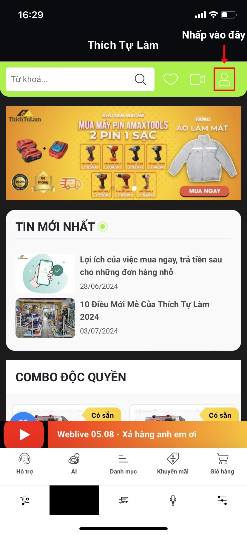 Nhấp vào tên đăng nhập trên điện thoại