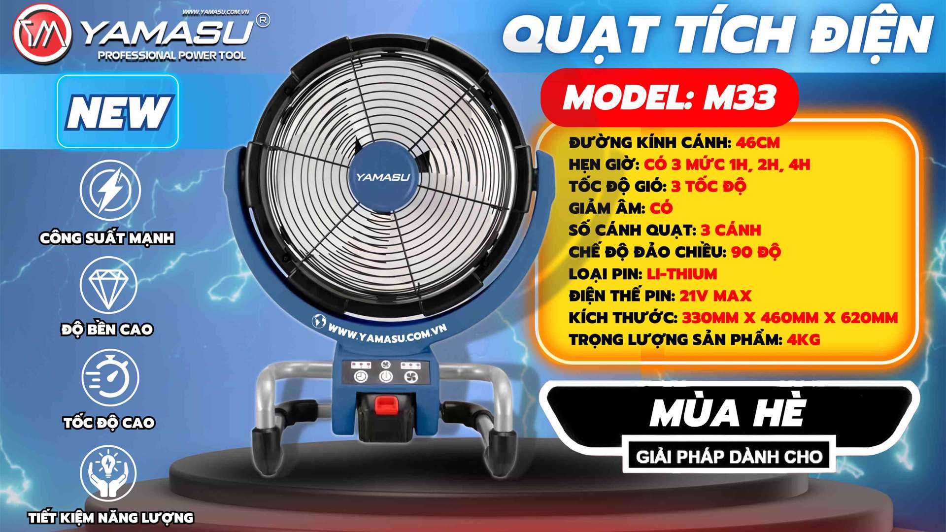 Quạt pin 2 trong 1 dùng điện và pin 21V Yamasu YMS-M33