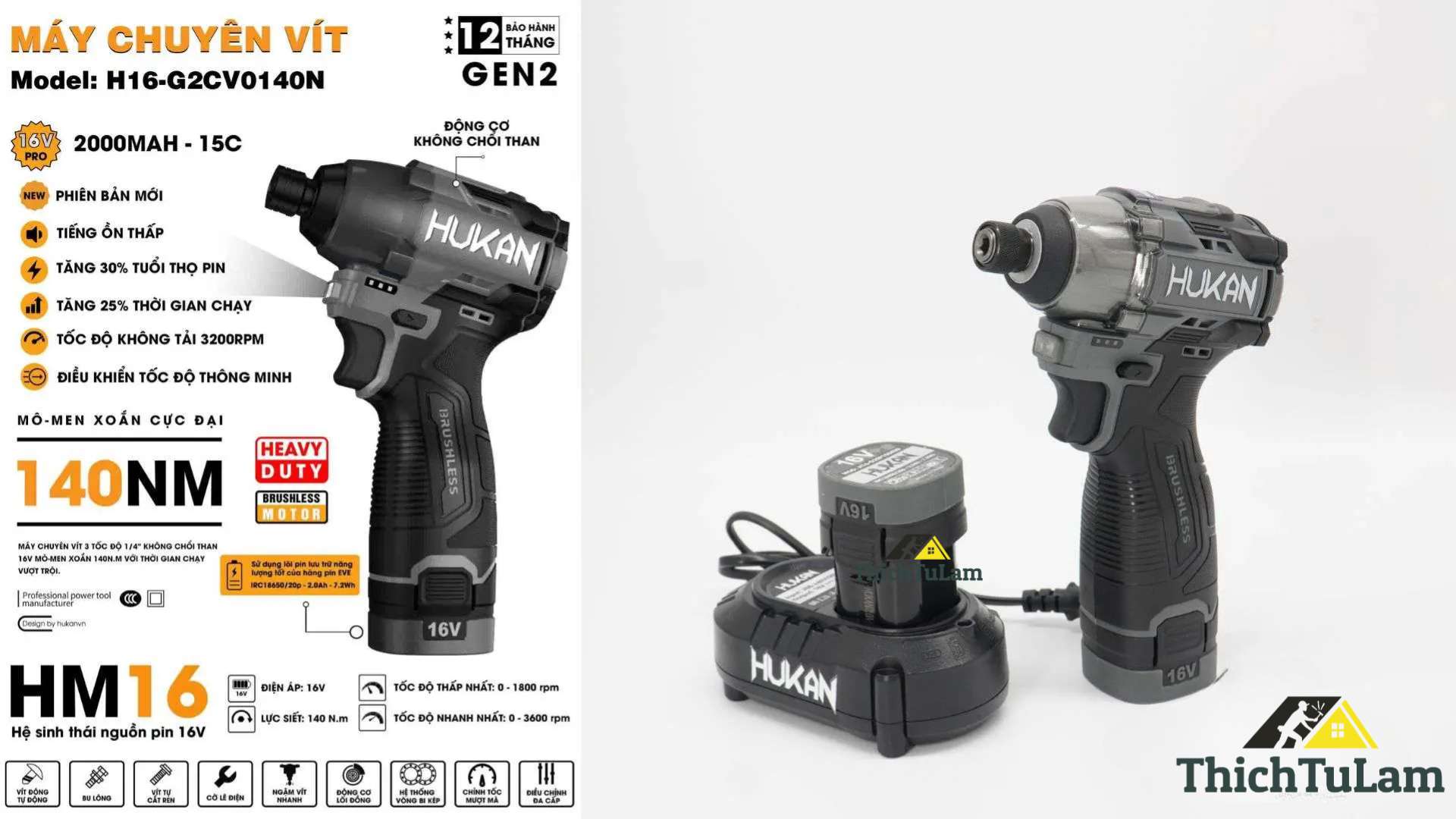 Máy bắn vít pin 16.8v 140Nm Hukan HK-H16-G2CV0140N