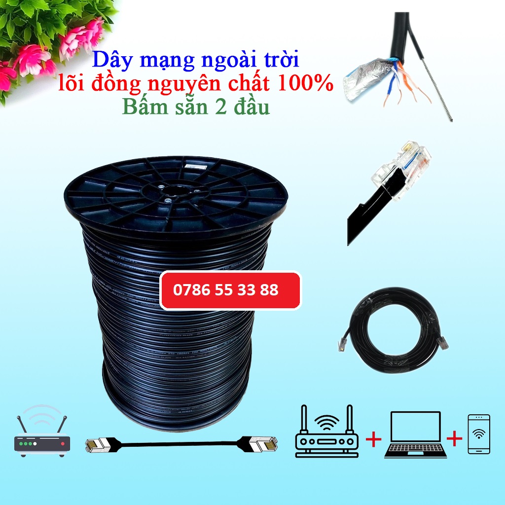 100m dây mạng ngoài trời lõi đồng nguyên chất có sợi cáp chịu lực căng kéo bọc bạc dầu chống ẩm côn trùng cắn bấm sẵn 2 đầu