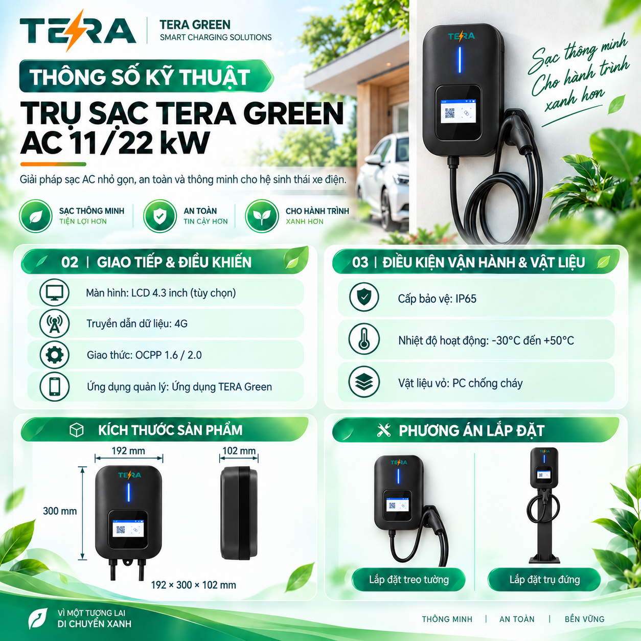 Trạm Sạc Nhanh Ô Tô Điện TERA DC 7-120kW - Quản Lý Thông Minh, Chống Cháy Tiêu Chuẩn & Bền Bỉ