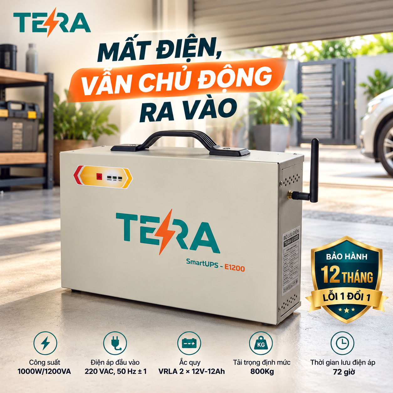 Bộ Lưu Điện TERA E1200 Cho Cửa Cuốn, Cổng Tự Động 1200VA