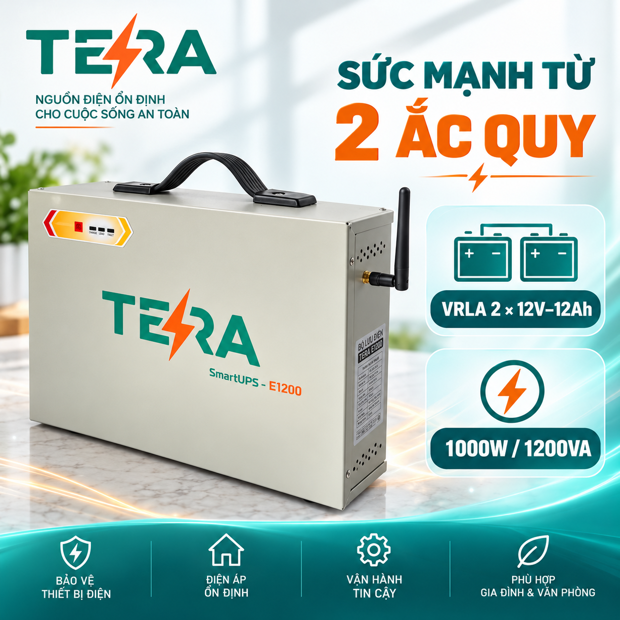 Bộ Lưu Điện TERA E1200 Cho Cửa Cuốn, Cổng Tự Động 1200VA