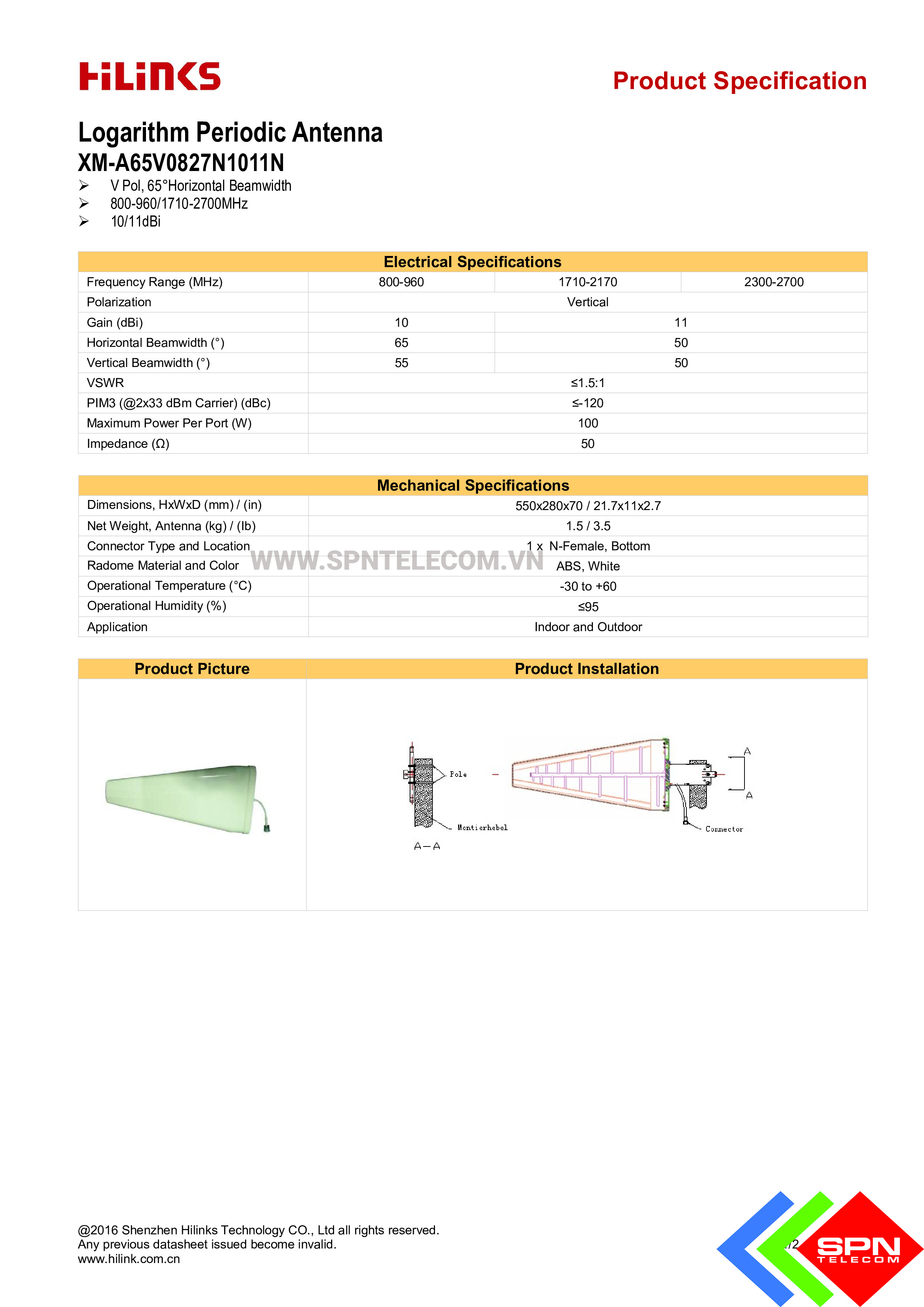 Anten YAGI lắp ngoài trời thu kích sóng điện thoại tăng sóng di động định hướng Log-periodic 11 dBi 800-2700MHz chính hãng