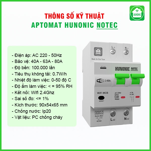Aptomat công tơ điện thông minh đo điện năng HUNONIC NOTEC theo dõi cài đặt thang tính tiền điện phòng trọ bật tắt từ xa qua điện thoại