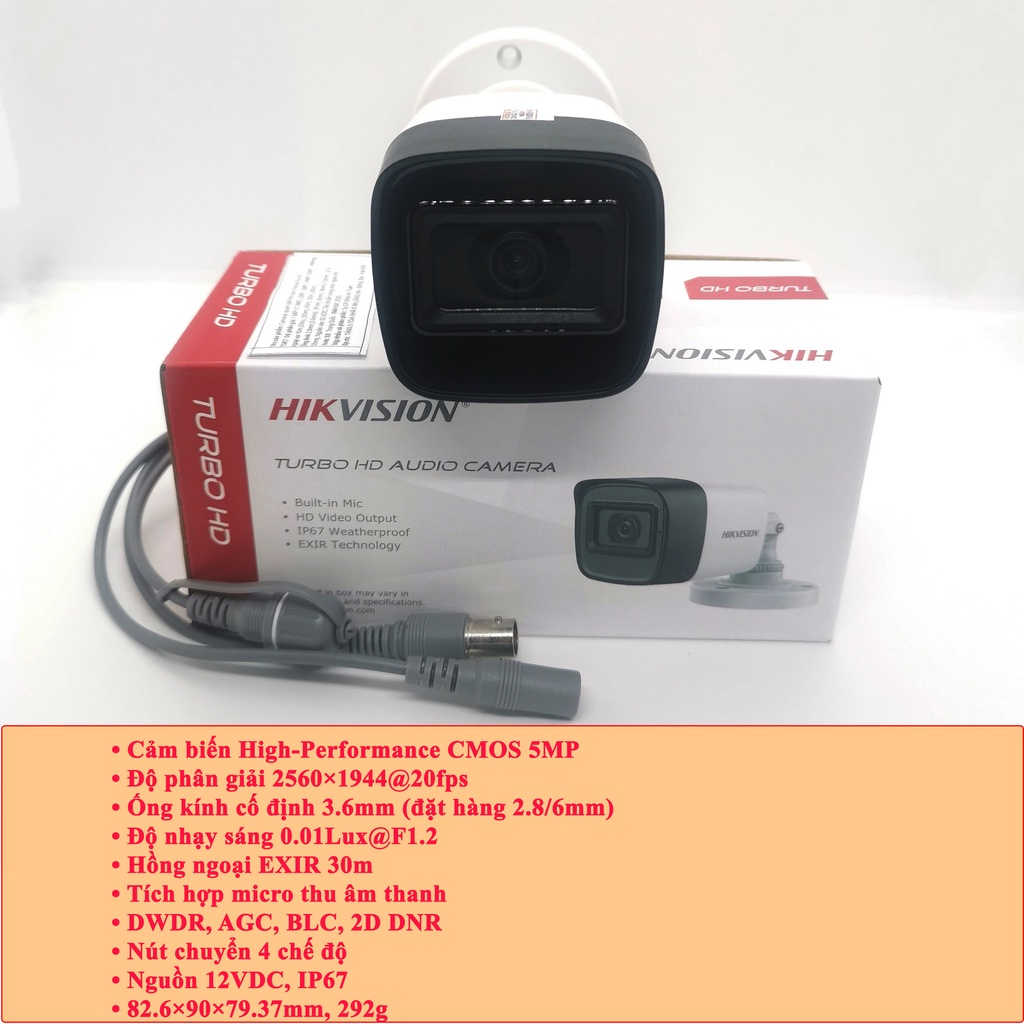Bộ camera giám sát HIKVISION 4 mắt siêu nét 5MP 2560x1944 mic thu âm quan sát an ninh ban đêm kèm đầy đủ phụ kiện lắp đặt