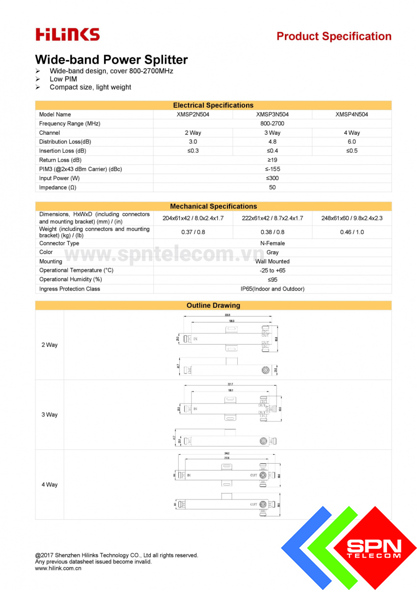 Bộ Chia Power Splitter 2 Way, 800-2700MHz