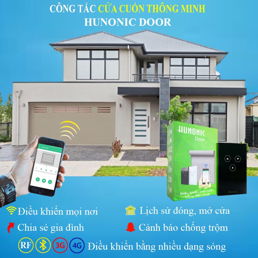 Bộ Công Tắc Điều Khiển Cửa Cuốn Qua Điện Thoại HUNONIC DOOR Thông Minh Wifi Từ Xa Bằng App Bản Full Viền Nhôm Khung Thép Điều Khiển Bluetooth kèm 2 remote cầm tay cao cấp