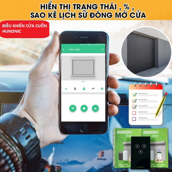 Bộ Công Tắc Điều Khiển Cửa Cuốn Qua Điện Thoại HUNONIC DOOR Thông Minh Wifi Từ Xa Bằng App Bản Full Viền Nhôm Khung Thép Điều Khiển Bluetooth kèm 2 remote cầm tay cao cấp