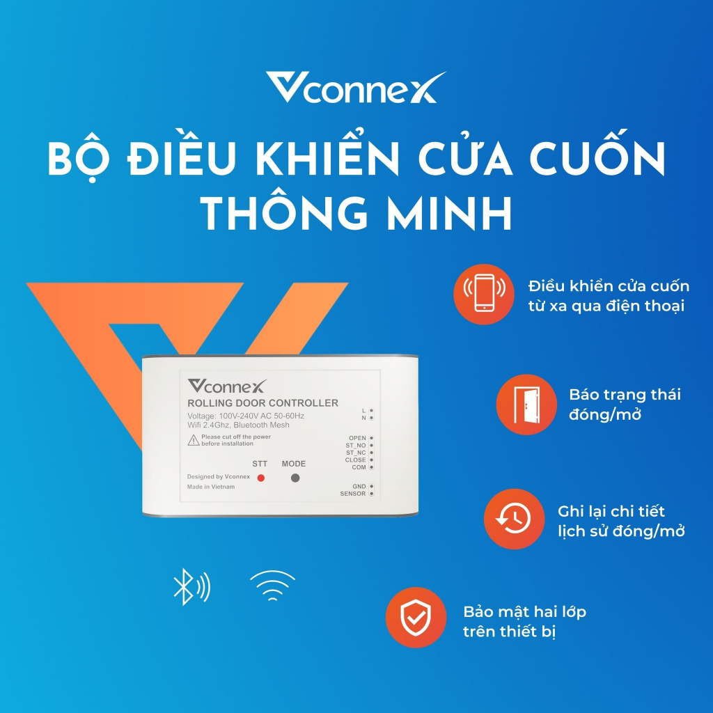 Bộ điều khiển đóng mở cửa cuốn bằng điện thoại thông minh VCONNEX wifi cảnh báo theo dõi cửa cổng từ xa cao cấp