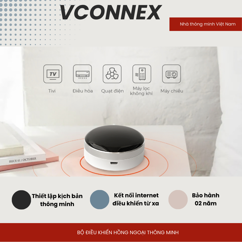 Bộ điều khiển hồng ngoại thông minh wifi VCONNEX bật tắt điều hòa tivi quạt thiết bị từ xa qua điện thoại