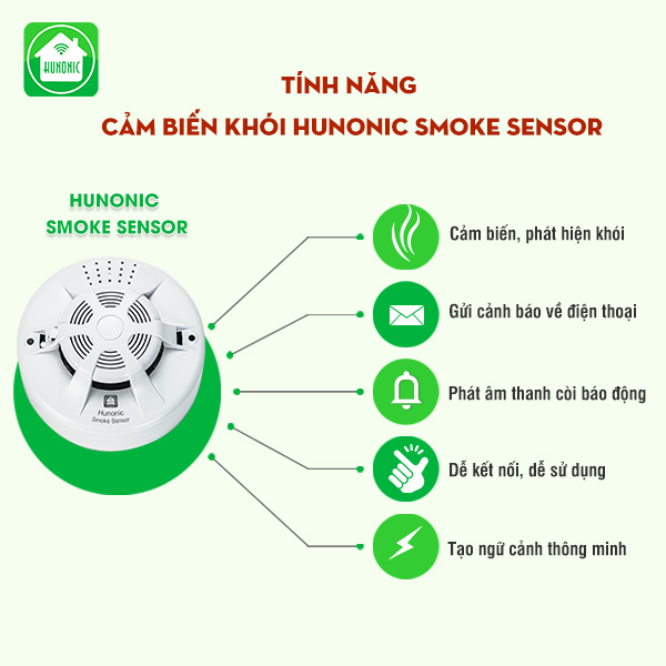 Cảm biến khói HUNONIC phòng cháy cảnh báo cháy bluetooth mesh zigbee phát hiện cháy nổ từ xa qua điện thoại
