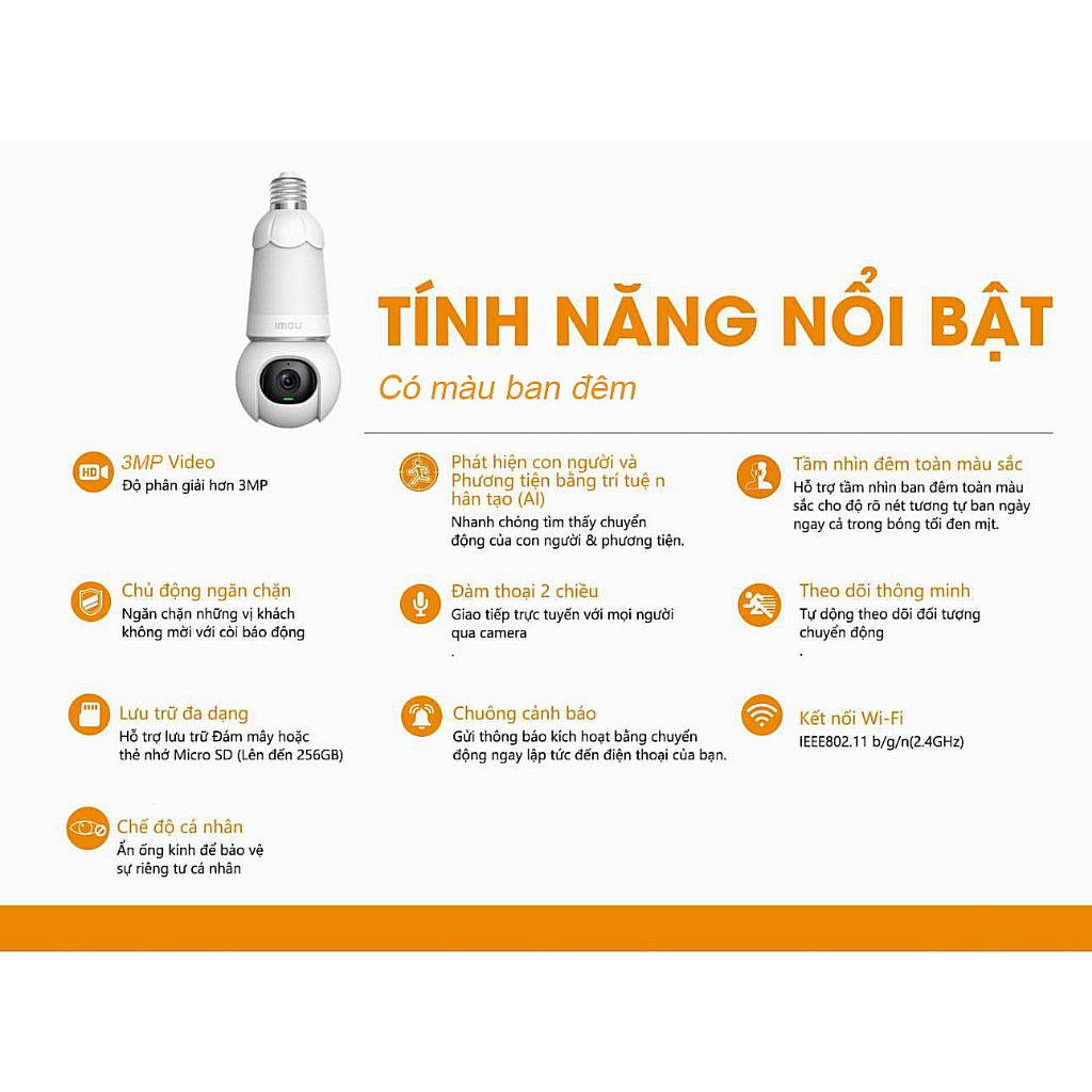 Camera bóng đèn IMOU wifi Bulb Cam IPC-S6DP 2K 3Mp 3K 5Mp quay quét 360 độ có màu ban đêm đàm thoại 2 chiều phát hiện xe cộ