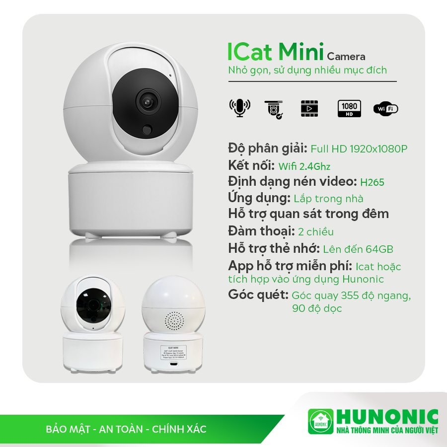 Hunonic Mini Camera wifi thông minh ICat mini indoor outdoor AI app HUNONIC siêu nét ...