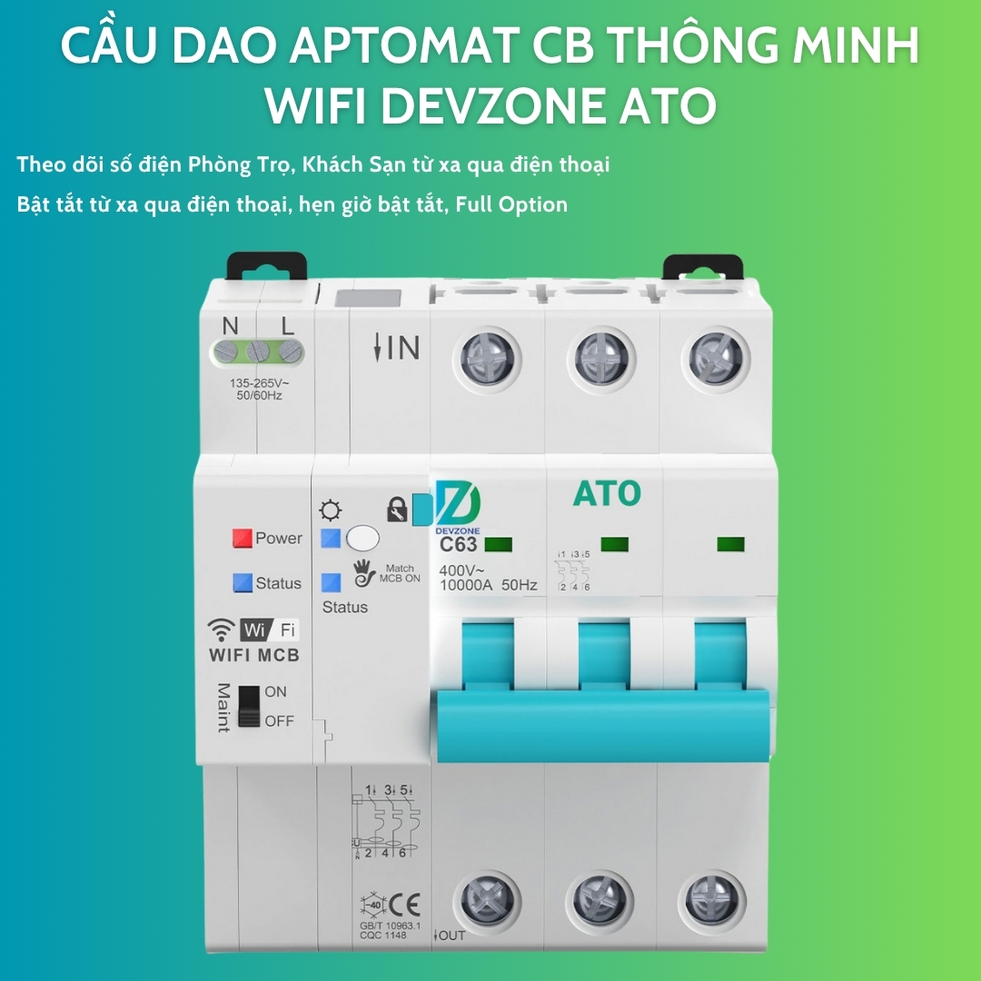 Cầu dao Aptomat CB thông minh wifi DEVZONE ATO giám sát điện năng cài đặt thang tính tiền điện phòng trọ theo dõi bật tắt từ xa qua điện thoại