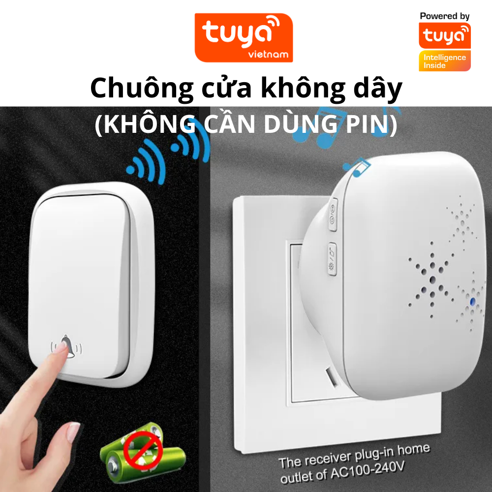 Chuông Cửa Không Dây Thông Minh TUYA Wifi Không Cần Dùng Pin Điều Khiển Cảnh Báo Từ Xa Qua Điện Thoại