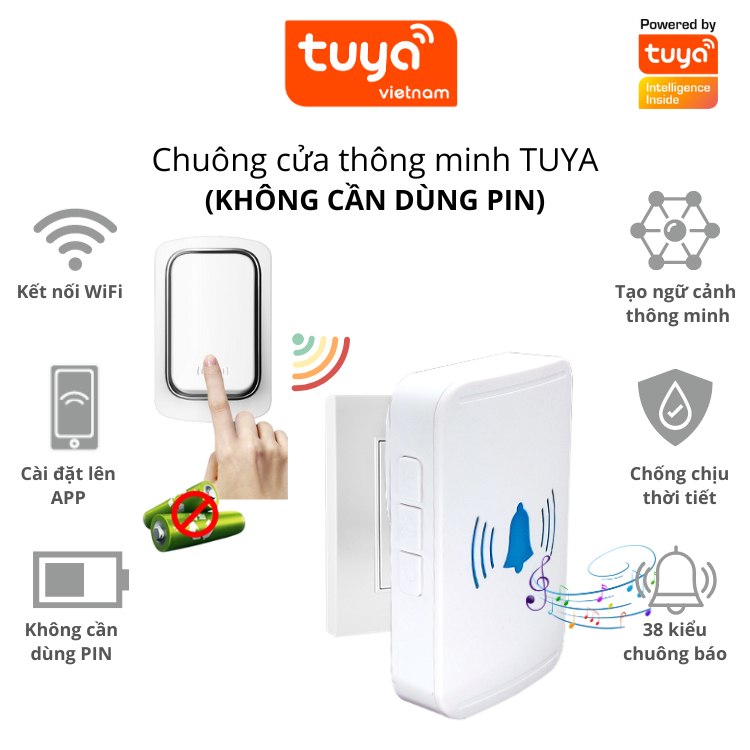Chuông Cửa Không Dây Thông Minh TUYA Wifi Không Cần Dùng Pin Điều Khiển Cảnh Báo Từ Xa Qua Điện Thoại